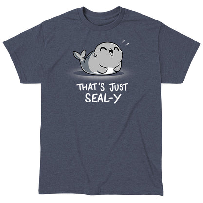 Classic Cotton T-shirt_TeeTurtle That's Just Seal-y heather navy t-shirt featuring a seal with a happy expression and text below reading, "that's just seal-y,"