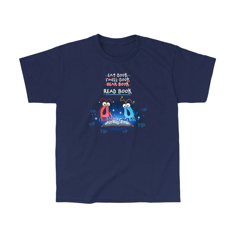 Classic Cotton T-shirt_TeeTurtle navy The Martians Read Book Classic Cotton T-shirt featuring the red and blue yip yip martians from Sesame Street in a classic moment where they are trying to figure out what to do with a book that is open in front of them. Text above them reads "Eat Book," "Smell Book," and "Hear Book" with all of them crossed out and "Read Book" underneath. They are surrounded by the word "yip." 