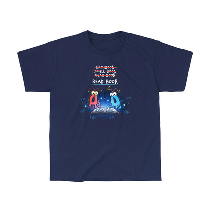 Classic Cotton T-shirt_TeeTurtle navy The Martians Read Book Classic Cotton T-shirt featuring the red and blue yip yip martians from Sesame Street in a classic moment where they are trying to figure out what to do with a book that is open in front of them. Text above them reads "Eat Book," "Smell Book," and "Hear Book" with all of them crossed out and "Read Book" underneath. They are surrounded by the word "yip." 