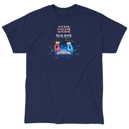 Classic Cotton T-shirt_TeeTurtle navy The Martians Read Book Classic Cotton T-shirt featuring the red and blue yip yip martians from Sesame Street in a classic moment where they are trying to figure out what to do with a book that is open in front of them. Text above them reads "Eat Book," "Smell Book," and "Hear Book" with all of them crossed out and "Read Book" underneath. They are surrounded by the word "yip." 