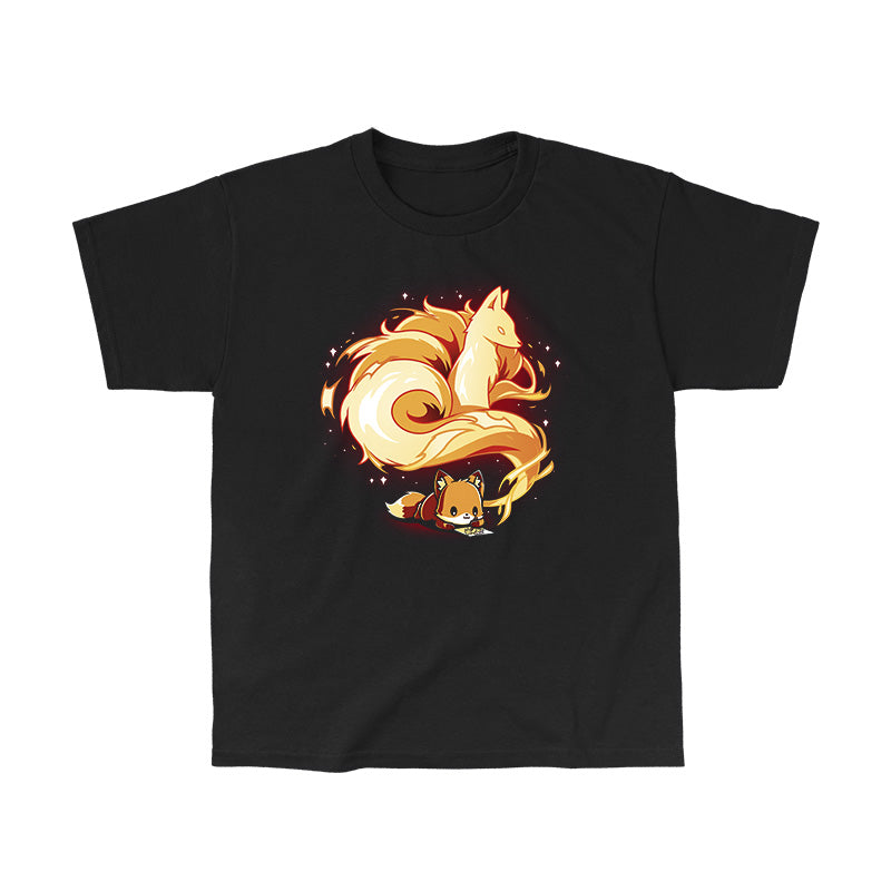 Classic Cotton T-shirt_TeeTurtle The Mind of an Artist black t-shirt featuring an illustration of an orange fox lying down contently drawing. The drawing appears to come from the little fox's thoughts, which shows an older orange fox with a long, fluffy and spiraling tail that resembles fire surrounded by stars. 