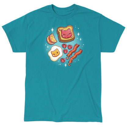 Classic Cotton T-shirt_TeeTurtle The Purrfect Breakfast Life tropical blue t-shirt featuring cute cat faces on popular breakfast items, including a piece of toast, an egg, strawberries, and bacon, all on a teal background with sparkles.