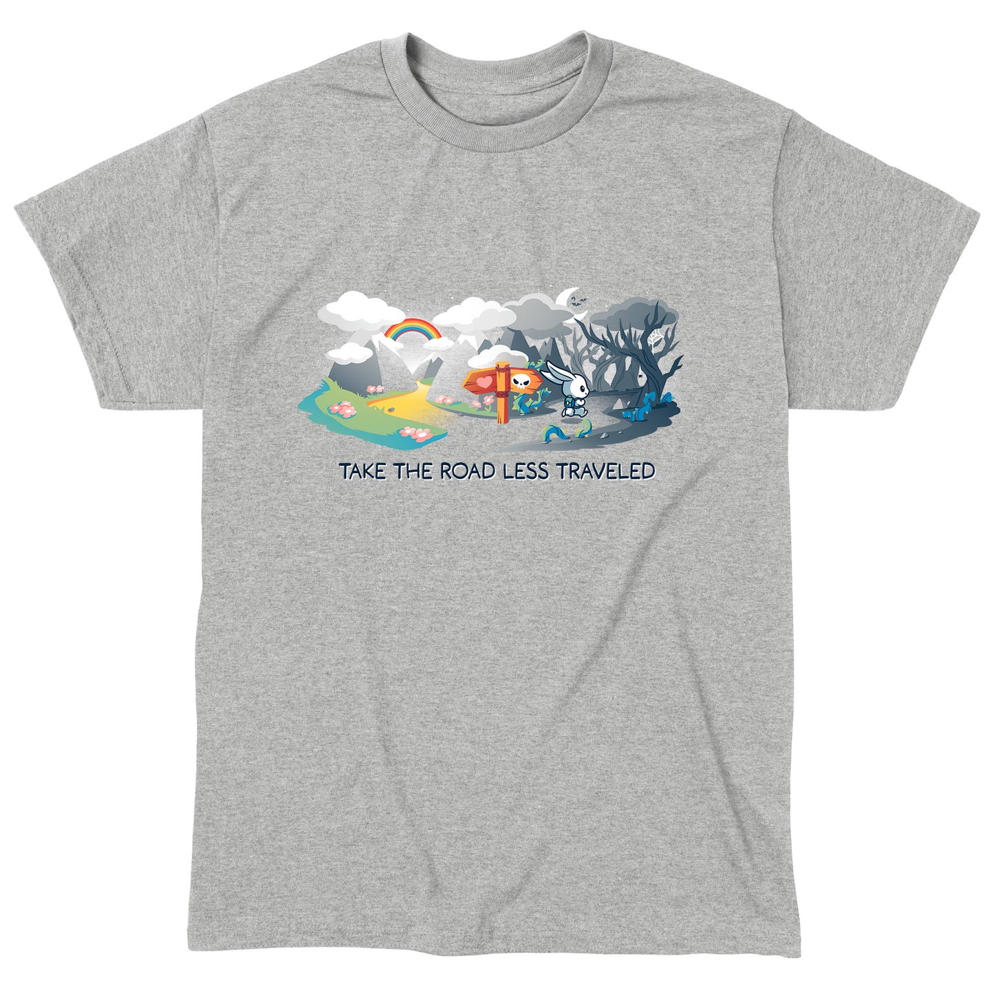 Classic Cotton T-shirt_TeeTurtle The Road Less Traveled heather gray t-shirt featuring an illustration of a rabbit at a crossroads, one path leading to a vibrant, colorful landscape under a rainbow, and the other to a dark forest; text below reads "TAKE THE ROAD LESS TRAVELED." 