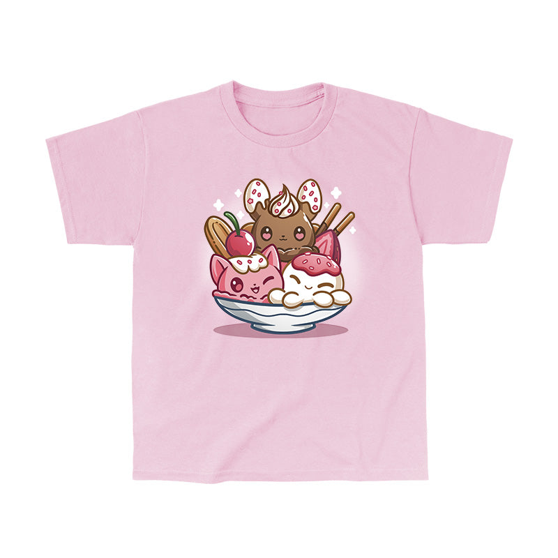 Classic Cotton T-shirt_TeeTurtle light pink The Sweetest Treat apparel featuring a bunny, octopus, and cat made out of ice cream in an ice cream sundae bowl.