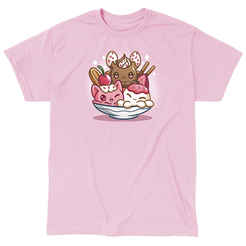 Classic Cotton T-shirt_TeeTurtle light pink The Sweetest Treat apparel featuring a bunny, octopus, and cat made out of ice cream in an ice cream sundae bowl.