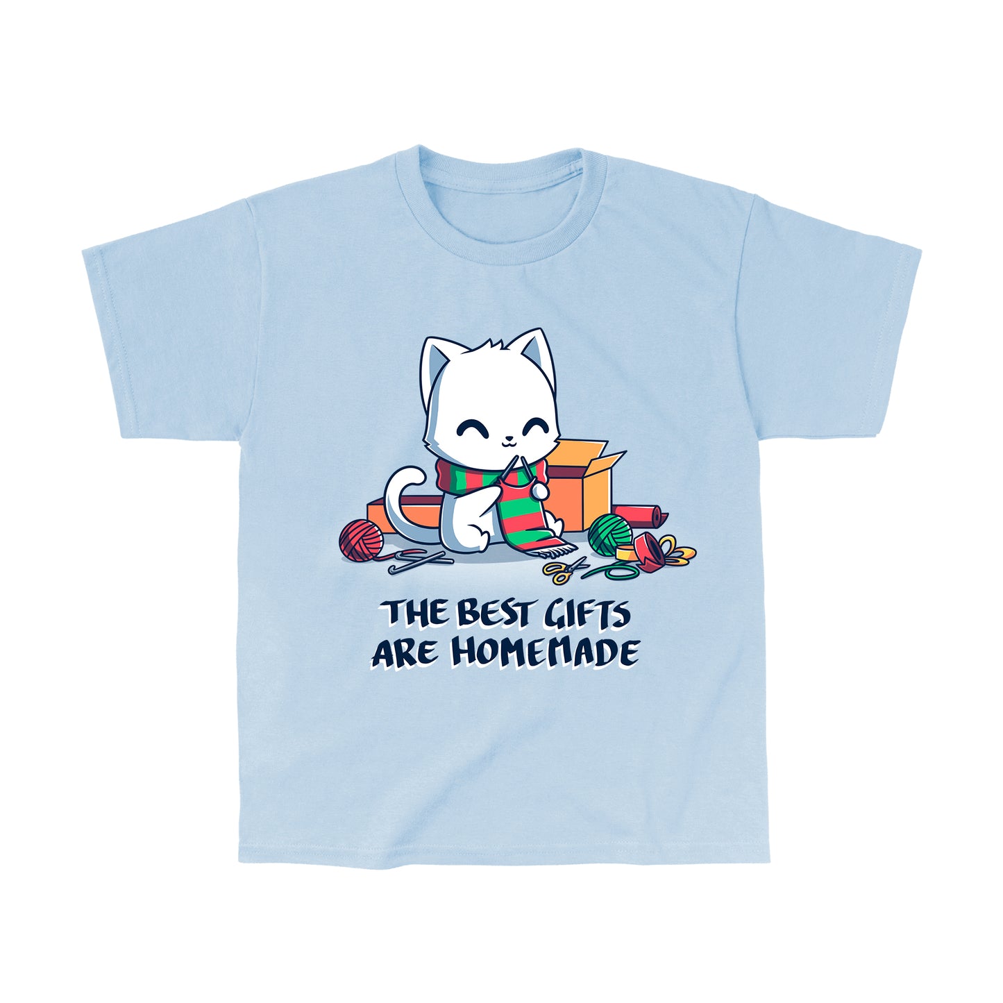 Classic Cotton T-shirt_TeeTurtle light blue The Best Gifts are Homemade apparel featuring a white cat crocheting a red and green scarf, and surrounded by crochet materials, such as crochet hooks, yarn, and a box, with the caption, "The Best Gifts are Homemade".