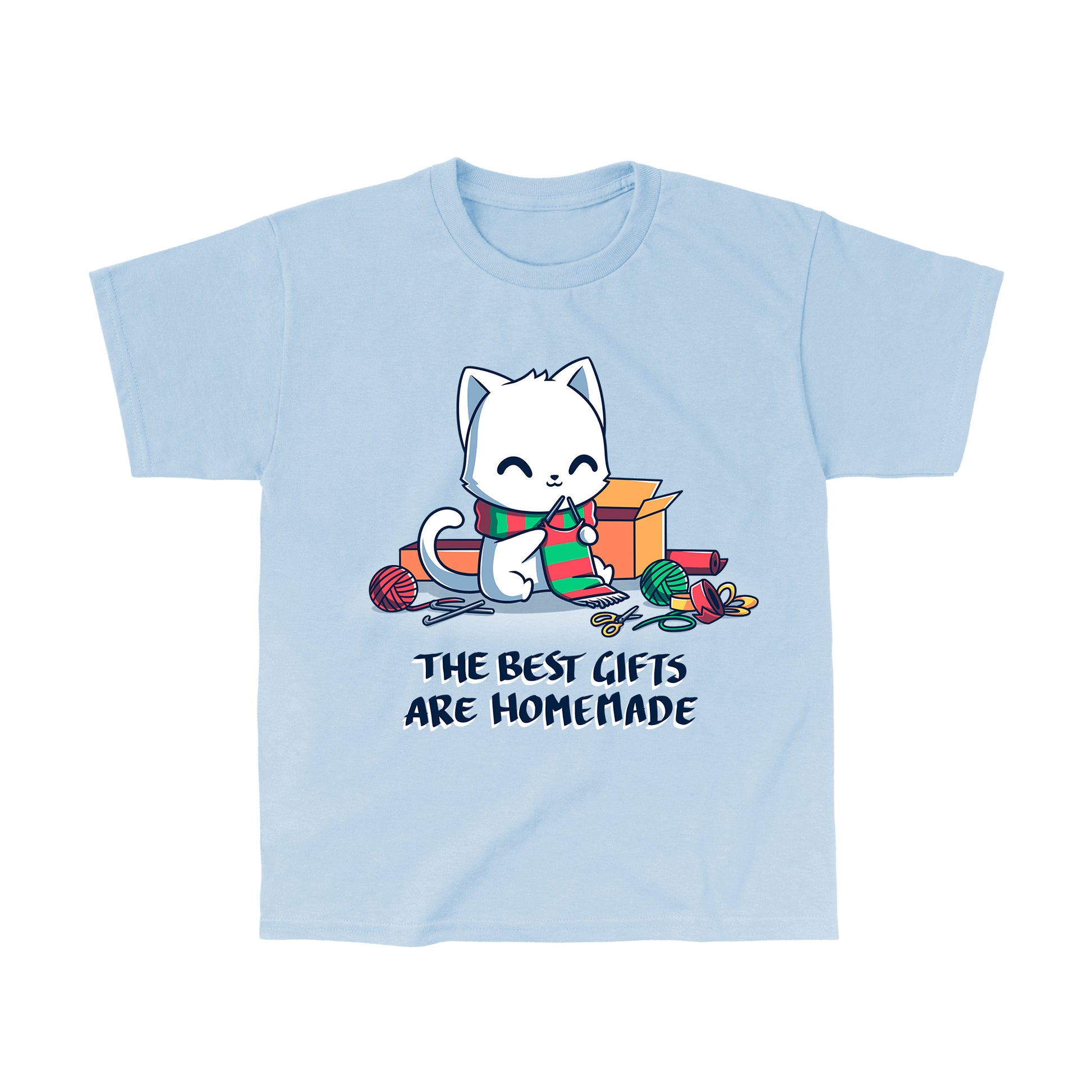 Classic Cotton T-shirt_TeeTurtle light blue The Best Gifts are Homemade apparel featuring a white cat crocheting a red and green scarf, and surrounded by crochet materials, such as crochet hooks, yarn, and a box, with the caption, "The Best Gifts are Homemade".
