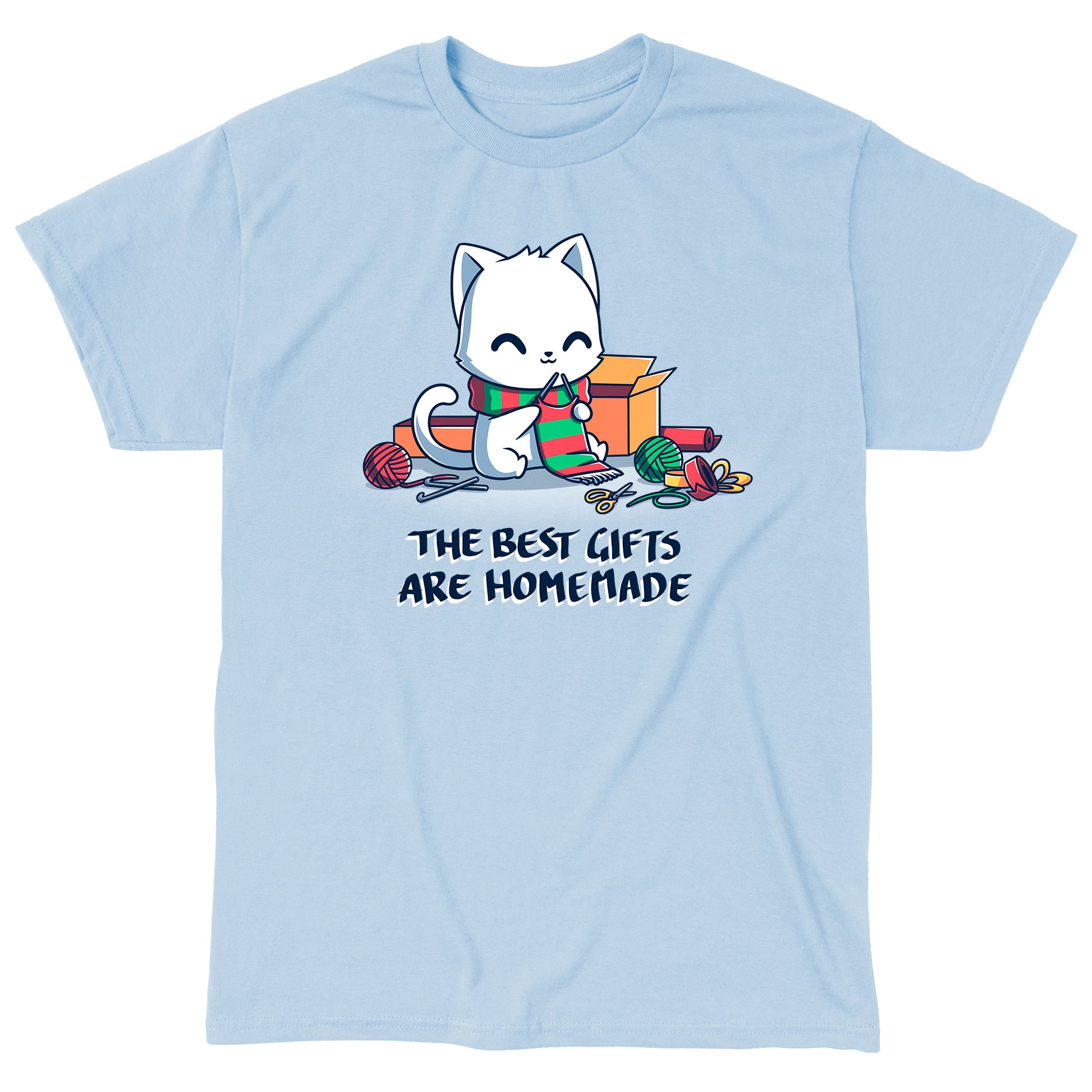 Classic Cotton T-shirt_TeeTurtle light blue The Best Gifts are Homemade apparel featuring a white cat crocheting a red and green scarf, and surrounded by crochet materials, such as crochet hooks, yarn, and a box, with the caption, "The Best Gifts are Homemade".