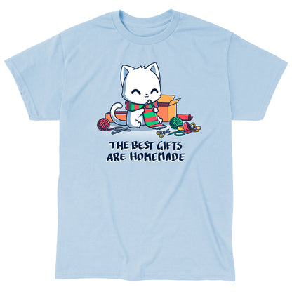 Classic Cotton T-shirt_TeeTurtle light blue The Best Gifts are Homemade apparel featuring a white cat crocheting a red and green scarf, and surrounded by crochet materials, such as crochet hooks, yarn, and a box, with the caption, "The Best Gifts are Homemade".