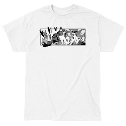 Classic Cotton T-shirt_TeeTurtle white The Final Showdown t-shirt featuring a wolf facing off against a dragon rendered in a classic manga style.