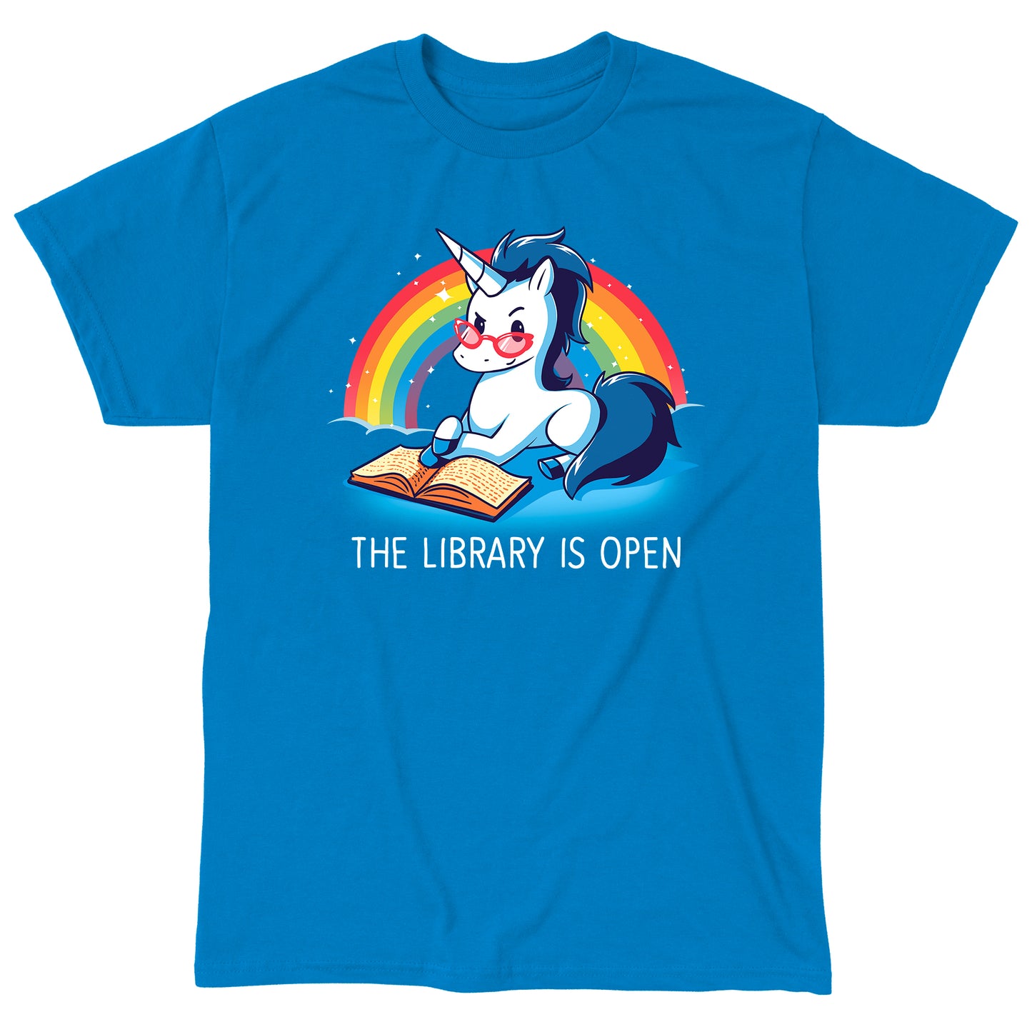 Classic Cotton T-shirt_TeeTurtle The Library is Open sapphire blue t-shirt featuring a unicorn with glasses reading a book against a rainbow backdrop.