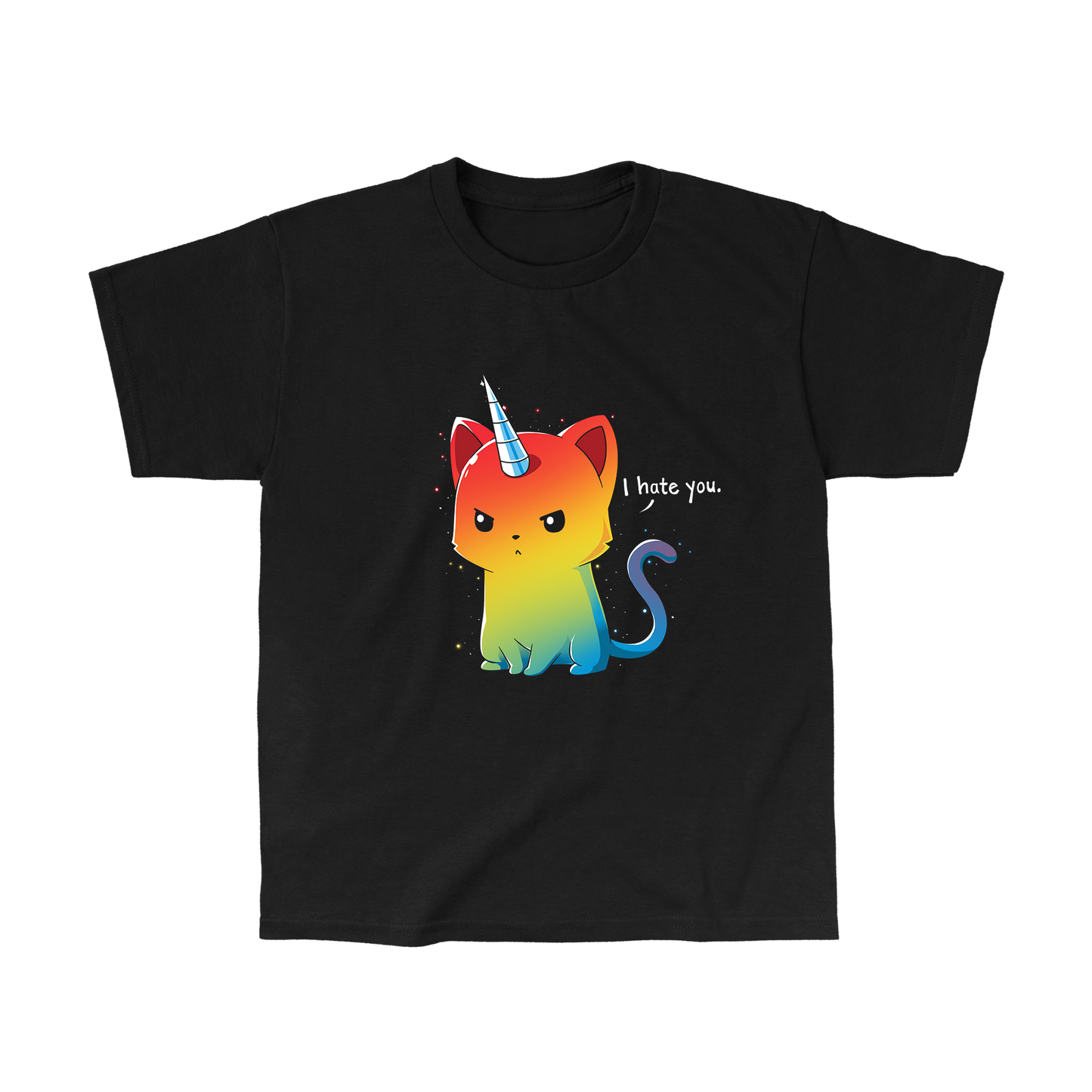 Classic Cotton T-shirt_TeeTurtle black The Magical Kittencorn. Featuring an angry rainbow kittencorn saying, "I hate you.".