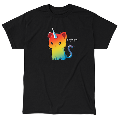 Classic Cotton T-shirt_TeeTurtle black The Magical Kittencorn. Featuring an angry rainbow kittencorn saying, "I hate you.".