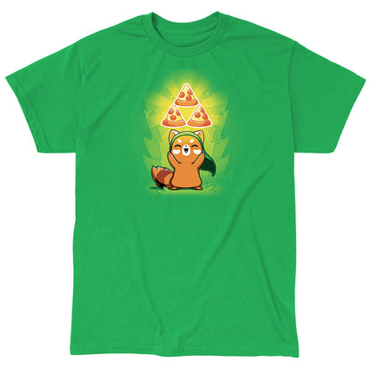 Classic Cotton T-shirt_TeeTurtle The Power of Pizza Irish green t-shirt featuring a fox smiling and raising its hands. Floating above its head are three glowing slices of pepperoni pizza in a triangular formation.