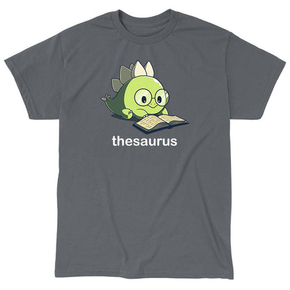 Classic Cotton T-shirt_TeeTurtle Thesaurus charcoal gray t-shirt featuring a cute green dinosaur with glasses reading an open book. Below it, the word "thesaurus" is written.