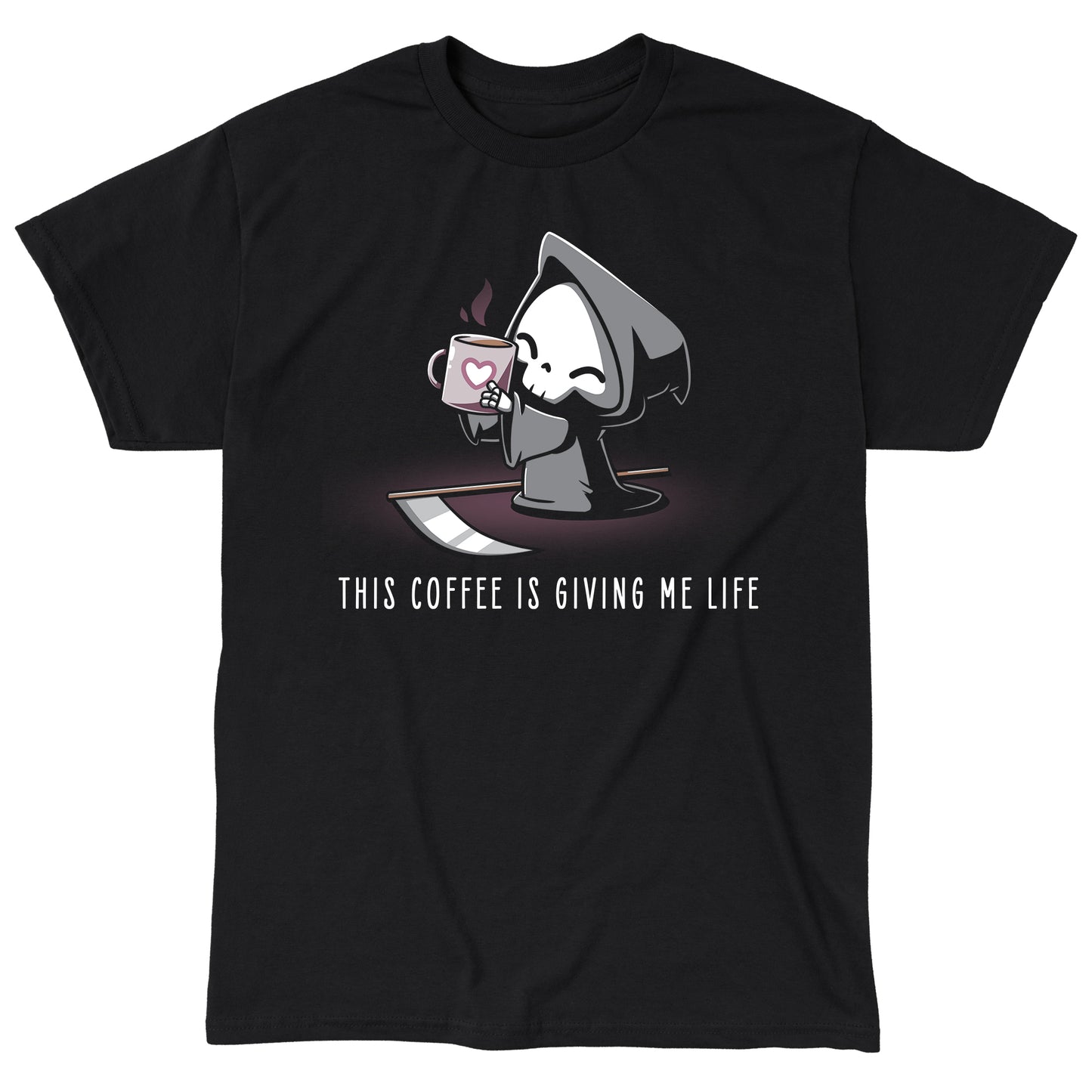 Classic Cotton T-shirt_TeeTurtle This Coffee Is Giving Me Life black t-shirt featuring the Grim Reaper holding a mug with a heart symbol and text "THIS COFFEE IS GIVING ME LIFE."