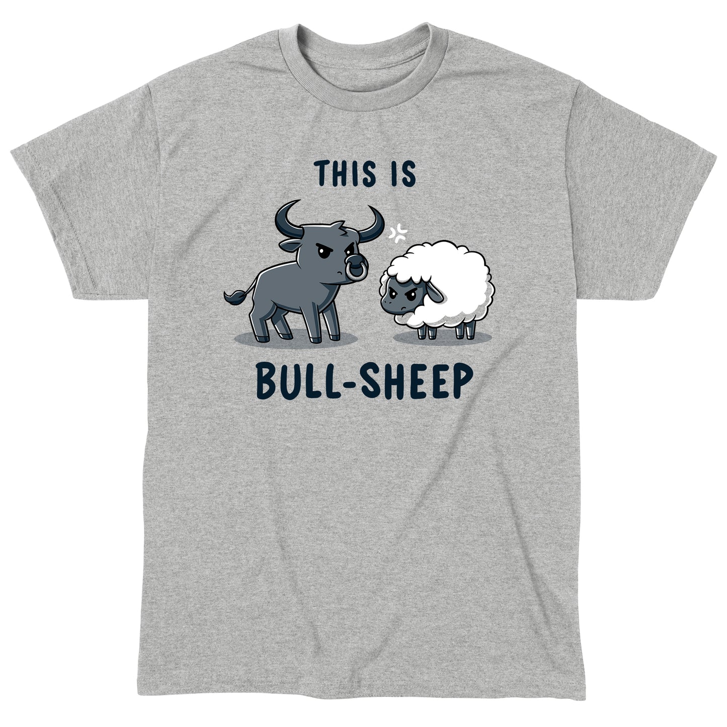 Classic Cotton T-shirt_TeeTurtle This Is Bull-Sheep heather gray t-shirt featuring a cartoon image with a bull and a sheep standing next to each other, both frowning. Text above reads "This is" and below reads "Bull-Sheep." 