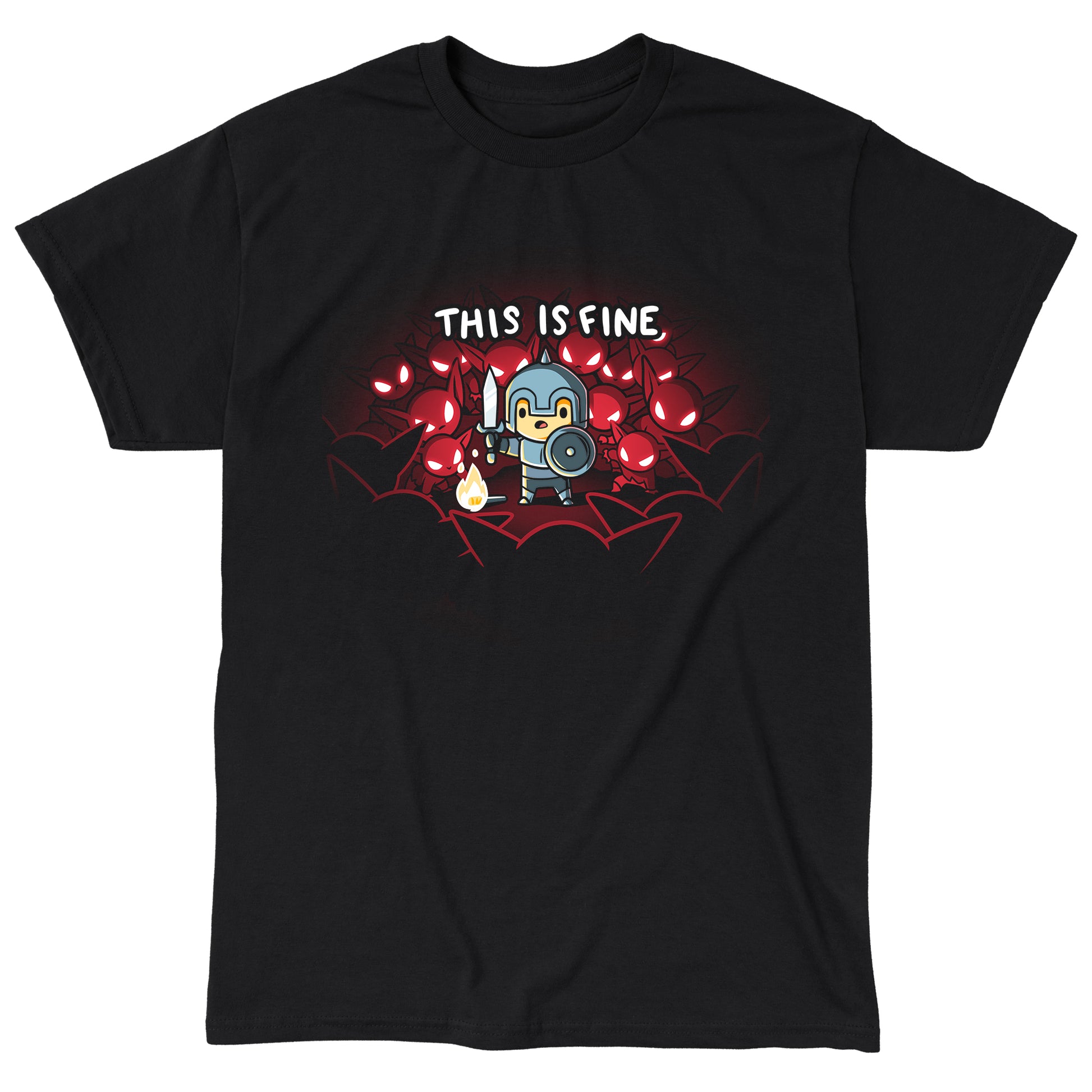 Classic Cotton T-shirt_TeeTurtle This is Fine black t-shirt featuring a knight in armor standing with a sword and shield next to a small fire, surrounded by red-eyed creatures. Text above reads "THIS IS FINE." 