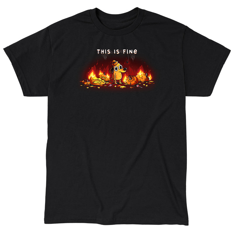 Classic Cotton T-shirt_TeeTurtle black This is Fine (Pumpkins) apparel featuring Question Hound from KC Green surrounded by pumpkins on fire with the caption, “This is Fine“.