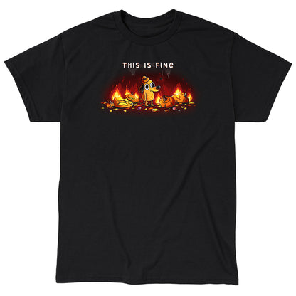 Classic Cotton T-shirt_TeeTurtle black This is Fine (Pumpkins) apparel featuring Question Hound from KC Green surrounded by pumpkins on fire with the caption, “This is Fine“.