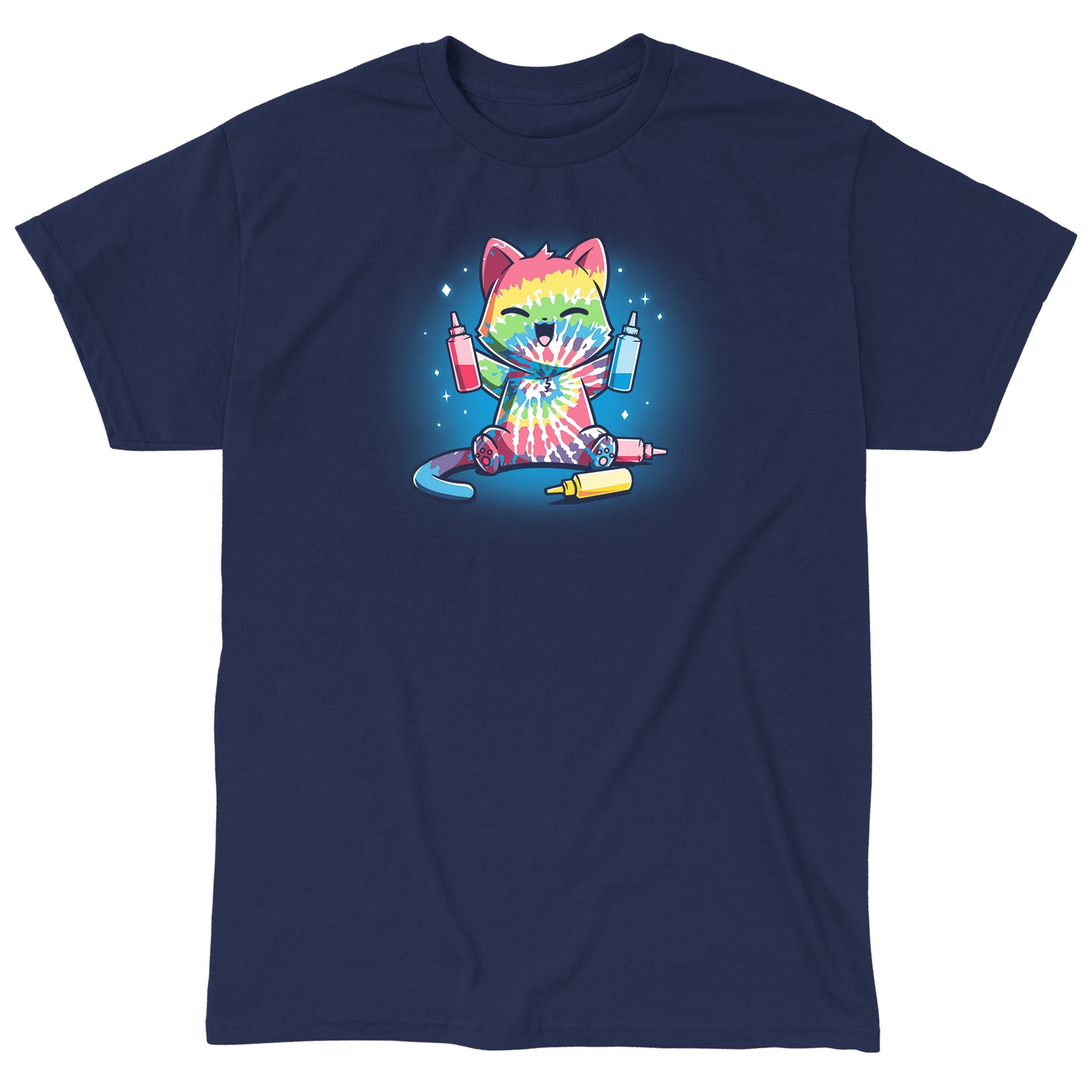 Classic Cotton T-shirt_TeeTurtle navy blue Tie-Dye Cat. Featuring a cat that's dyed itself in a tie-dye pattern.