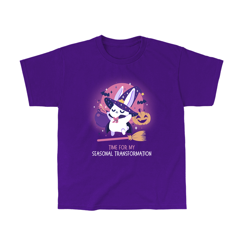 Classic Cotton T-shirt_TeeTurtle purple Time For My Seasonal Transformation apparel featuring a white bunny wearing a sparkling purple witch hat and cloak on top of a flying broom with a cauldron, bats, jack-o'-lantern, and the full red moon in the background.