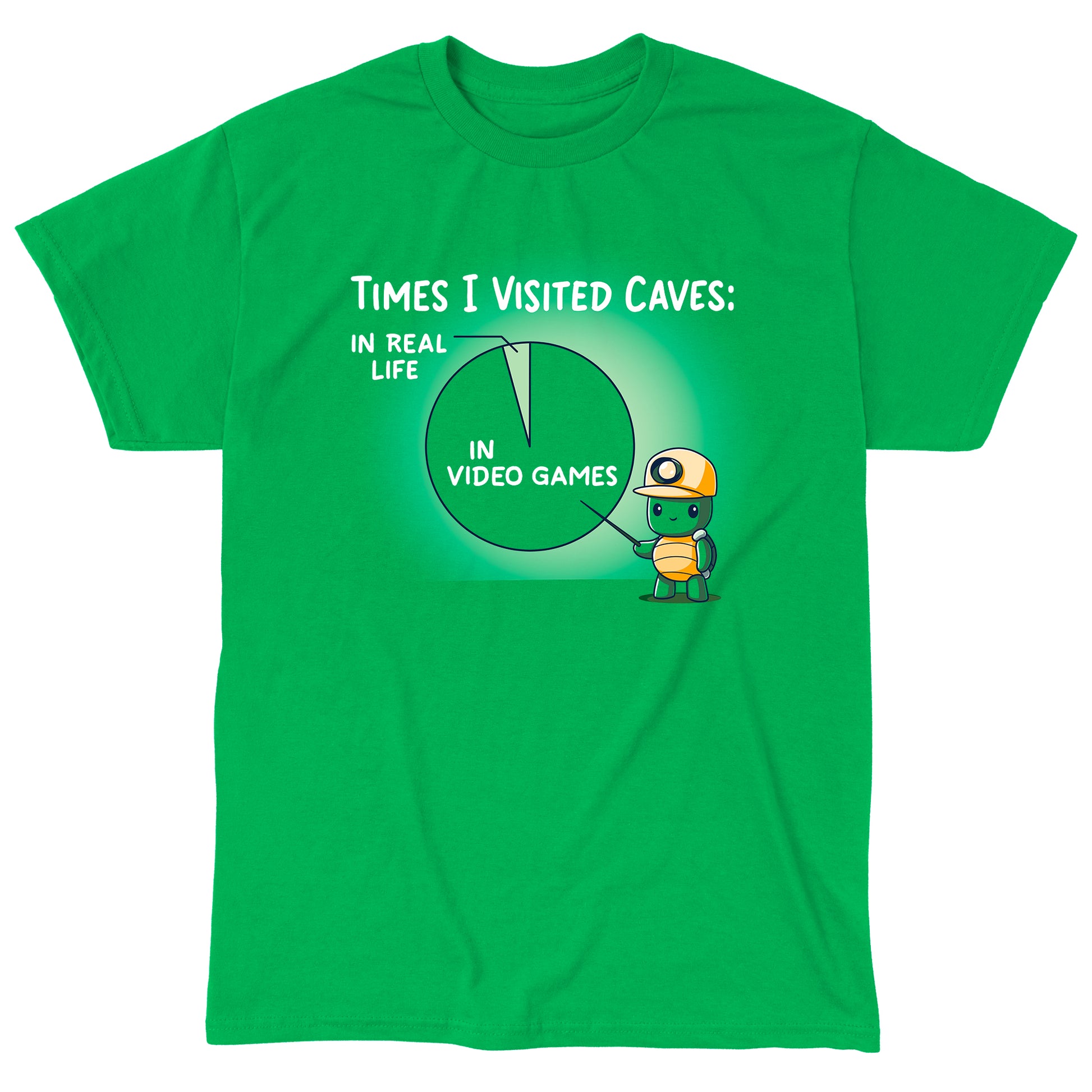 Classic Cotton T-shirt_Teeturtle Times I Visited Caves Irish green t-shirt featuring a cute turtle in a miner's helmet pointing to a pie chart reading 'Times I Visited Caves' with 'In Real Life' as a small part of the chart and 'In Video Games' as the much larger part of the chart.