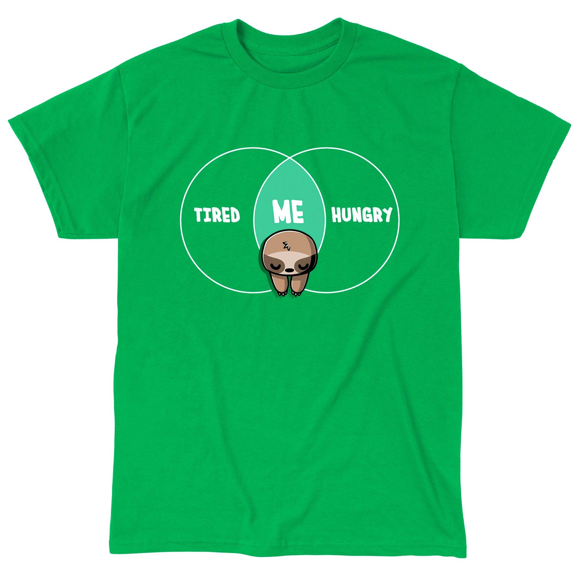 Classic Cotton T-shirt_Teeturtle Tired and Hungry Always Irish green t-shirt featuring a cartoon sloth in the middle of a double circle graph with 'Tired' on one side, 'Hungry' on the other and 'Me' in the middle.