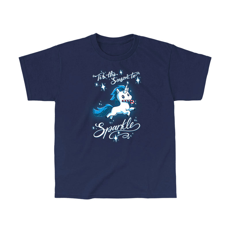 Classic Cotton T-shirt_TeeTurtle navy blue 'Tis The Season To Sparkle apparel featuring a leaping unicorn with a candy cane in its mouth surrounded by sparkles, with the caption, “'Tis The Season To Sparkle“.