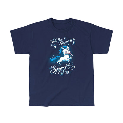 Classic Cotton T-shirt_TeeTurtle navy blue 'Tis The Season To Sparkle apparel featuring a leaping unicorn with a candy cane in its mouth surrounded by sparkles, with the caption, “'Tis The Season To Sparkle“.