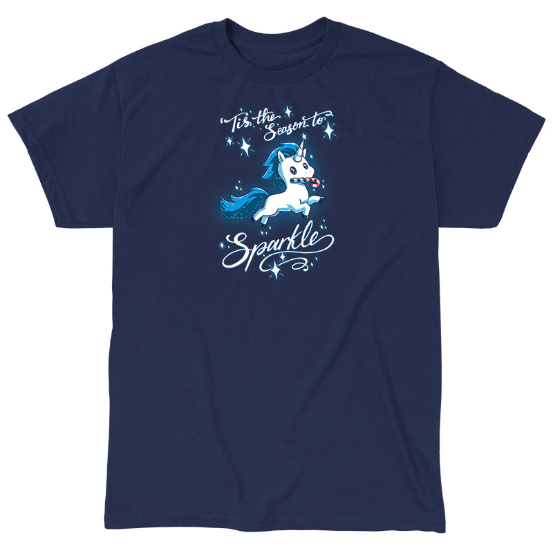 Classic Cotton T-shirt_TeeTurtle navy blue 'Tis The Season To Sparkle apparel featuring a leaping unicorn with a candy cane in its mouth surrounded by sparkles, with the caption, “'Tis The Season To Sparkle“.