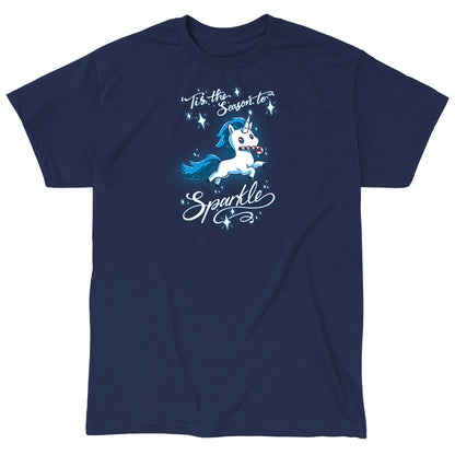 Classic Cotton T-shirt_TeeTurtle navy blue 'Tis The Season To Sparkle apparel featuring a leaping unicorn with a candy cane in its mouth surrounded by sparkles, with the caption, “'Tis The Season To Sparkle“.