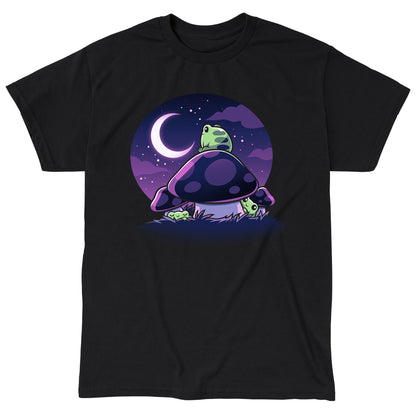 Classic Cotton T-shirt_TeeTurtle Twilight Toadstools black t-shirt featuring an illustration of a green frog sitting on top of a mushroom gazing up at the stars and a crescent moon in a violet-purple sky. There are two more green frogs underneath the mushroom cap, and two additional mushrooms on the side.