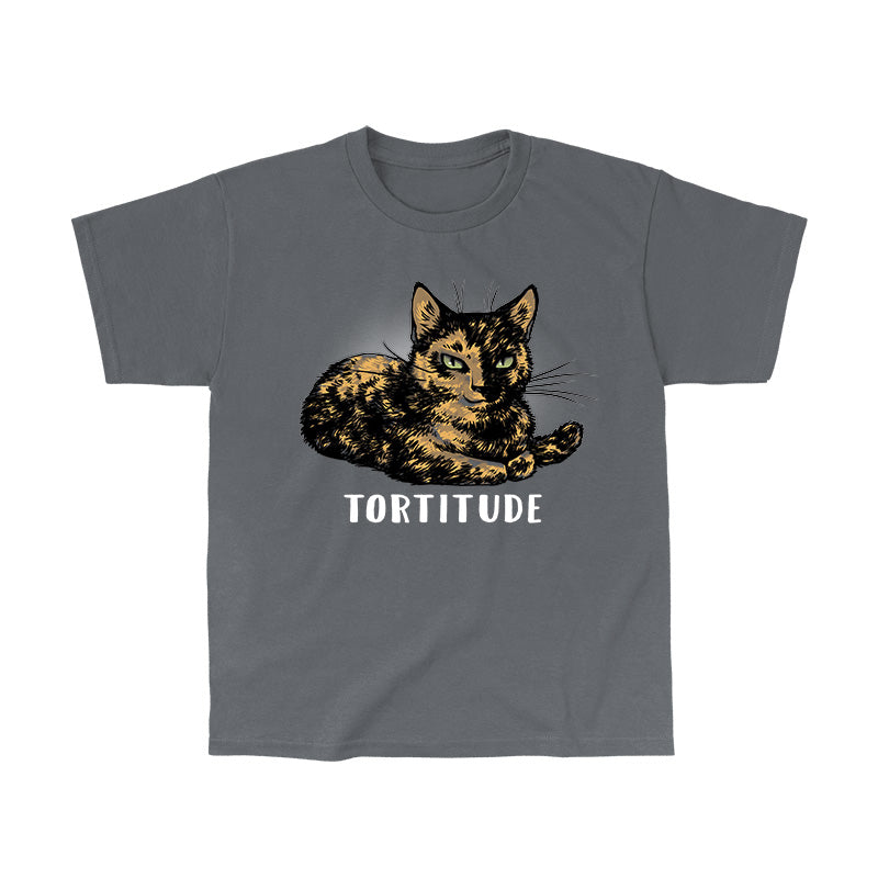 Classic Cotton T-shirt_TeeTurtle Tortitude. charcoal gray t-shirt featuring a tortoiseshell cat with its paws crossed smiling.