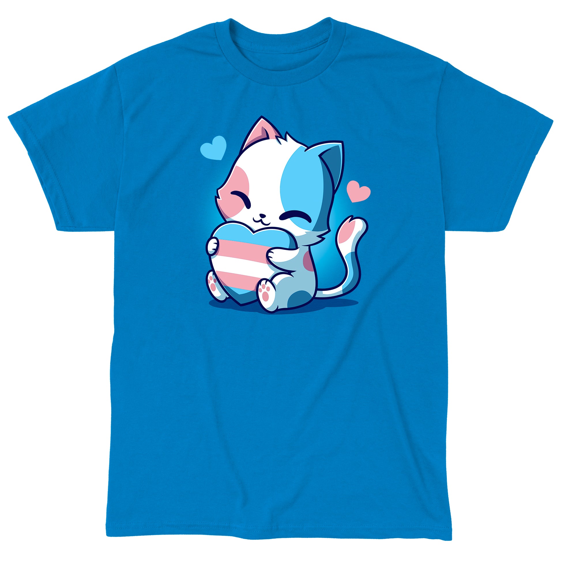 Classic Cotton T-shirt_TeeTurtle TransPurride Sapphire Blue t-shirt featuring a cute cartoon cat holding a heart with the transgender pride flag design.