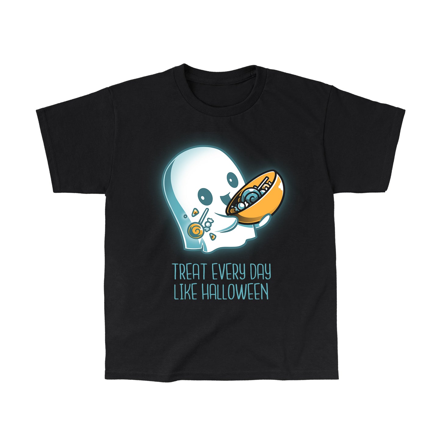 Classic Cotton T-shirt_Teeturtle Treat Every Day Like Halloween black t-shirt featuring a cute ghost with a bowl full of candy and the words 'Treat Every Day Like Halloween' beneath.