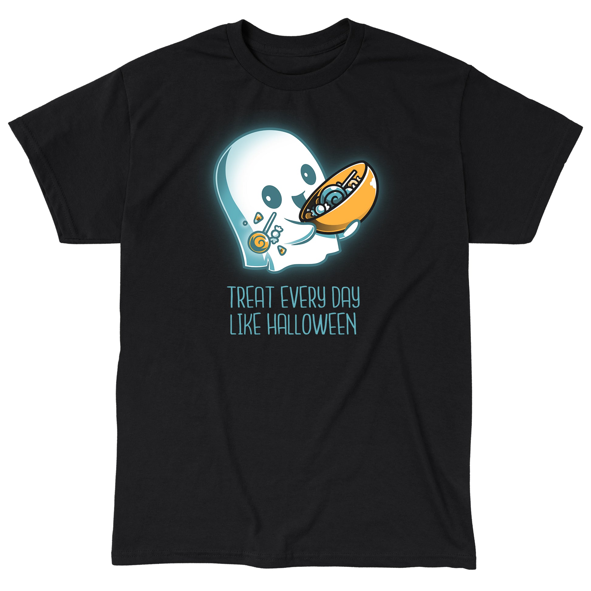 Classic Cotton T-shirt_Teeturtle Treat Every Day Like Halloween black t-shirt featuring a cute ghost with a bowl full of candy and the words 'Treat Every Day Like Halloween' beneath.