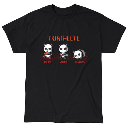 Classic Cotton T-shirt_TeeTurtle black Triathlete. Featuring a panda eating, a panda gaming, and a panda sleeping.