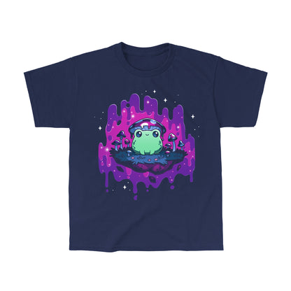 Classic Cotton T-shirt_TeeTurtle navy blue Trippy Toadstool apparel featuring a frog wearing a mushroom hat perched on a floating rock with a purple psychedelic dripping background surrounded by sparkles.