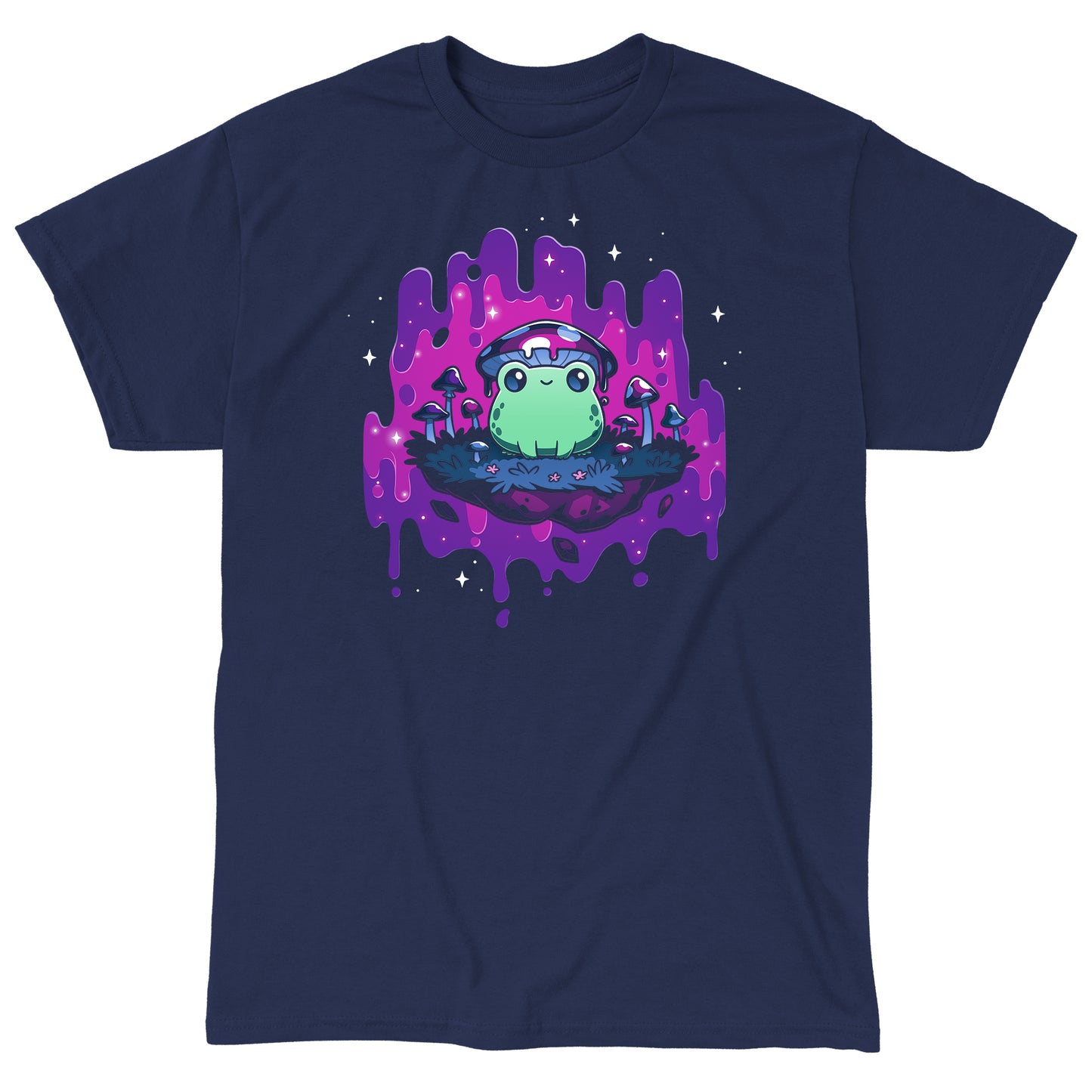 Classic Cotton T-shirt_TeeTurtle navy blue Trippy Toadstool apparel featuring a frog wearing a mushroom hat perched on a floating rock with a purple psychedelic dripping background surrounded by sparkles.