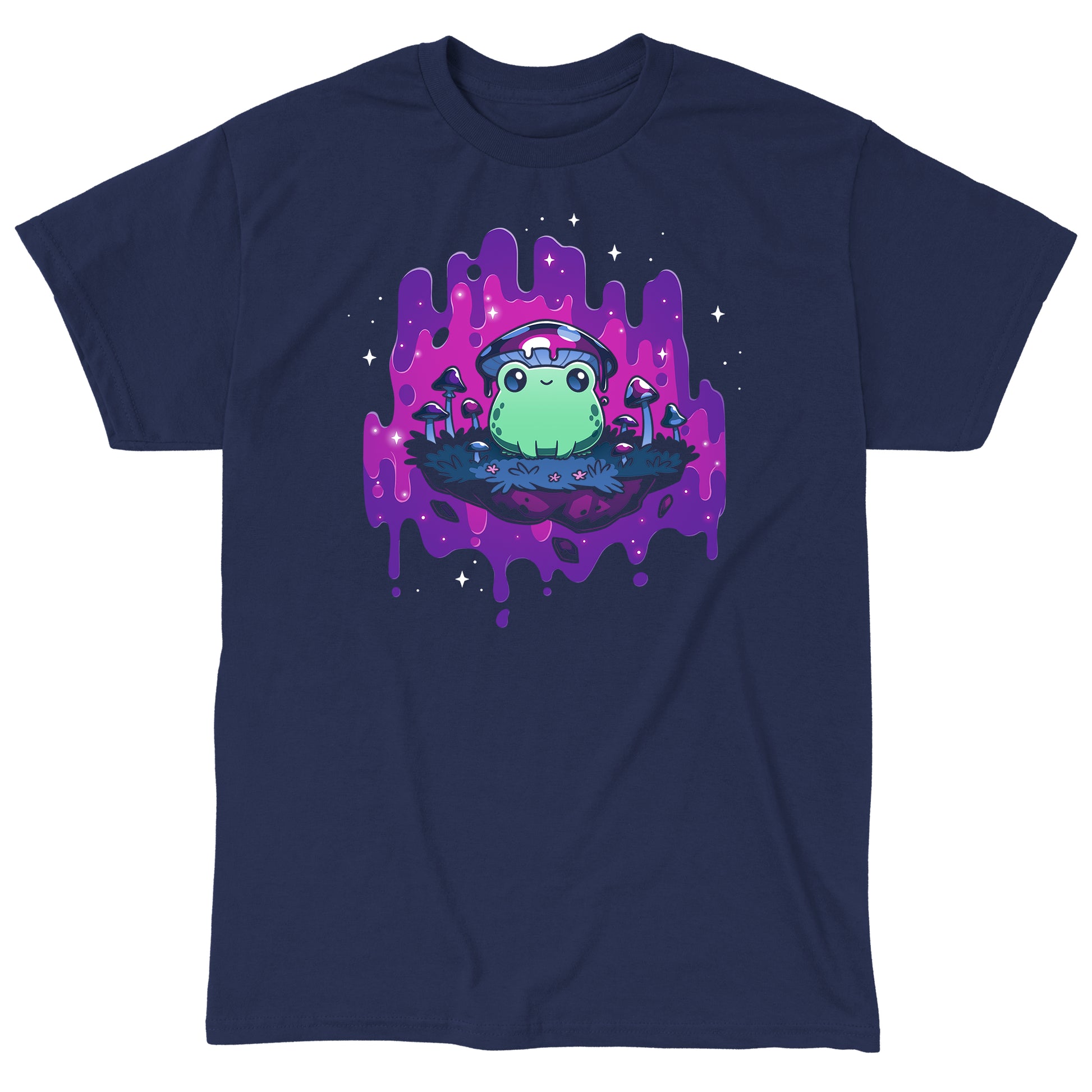 Classic Cotton T-shirt_TeeTurtle navy blue Trippy Toadstool apparel featuring a frog wearing a mushroom hat perched on a floating rock with a purple psychedelic dripping background surrounded by sparkles.