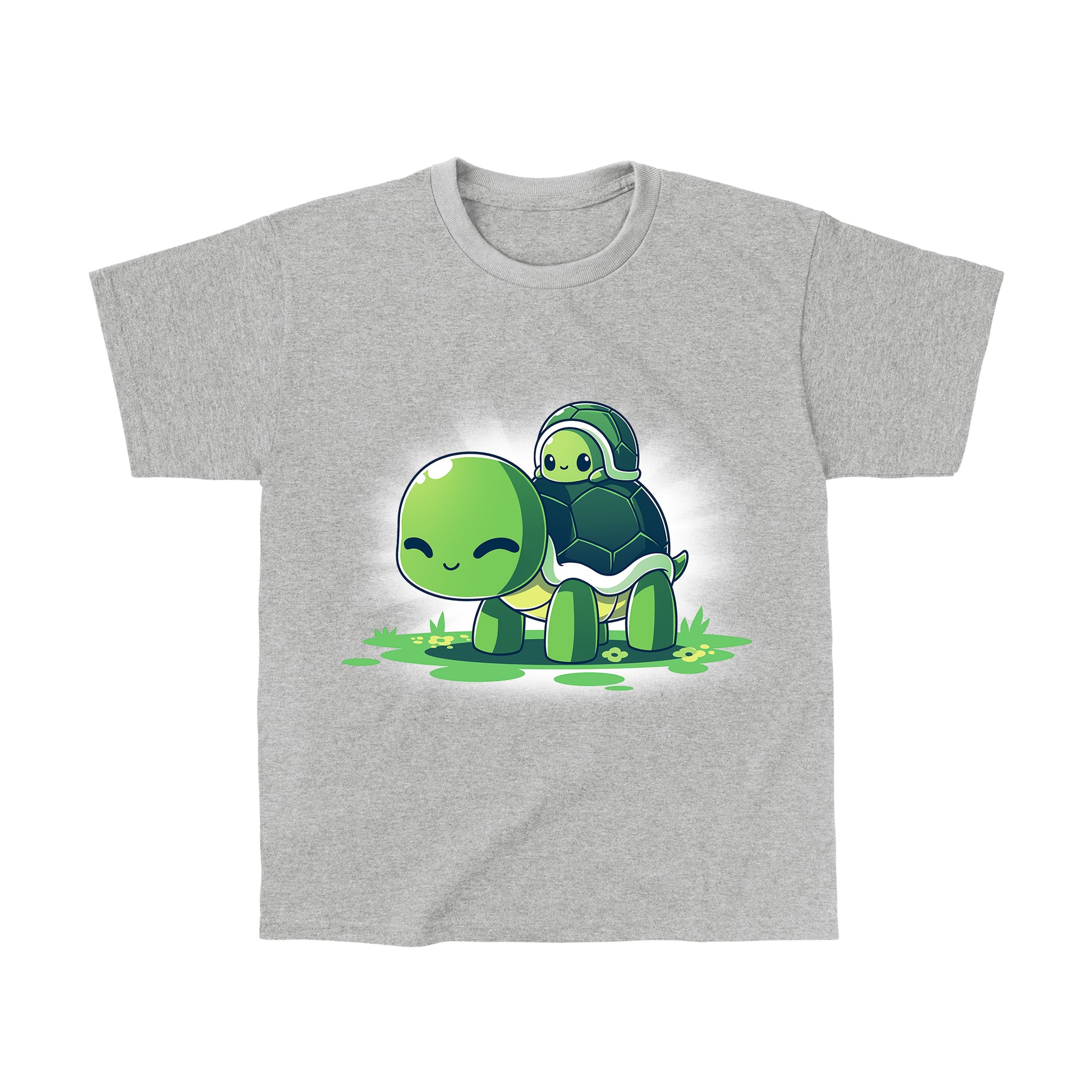 Classic Cotton T-shirt_TeeTurtle Turtleback Ride heather gray t-shirt featuring two smiling green turtles on top of grass and yellow flowers. The smaller turtle is on top of the larger turtle's shell. 