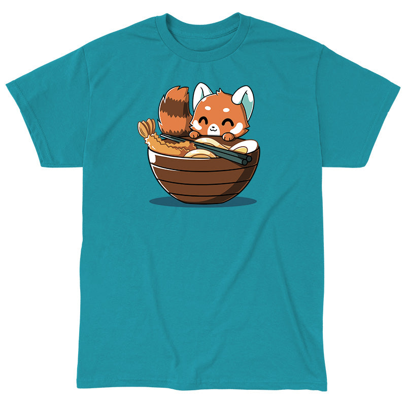 Classic Cotton T-shirt_TeeTurtle Udon Red Panda tropical blue t-shirt featuring a happy red panda peeking over the edge of a bowl of udon noodles with shrimp, egg and chopsticks.