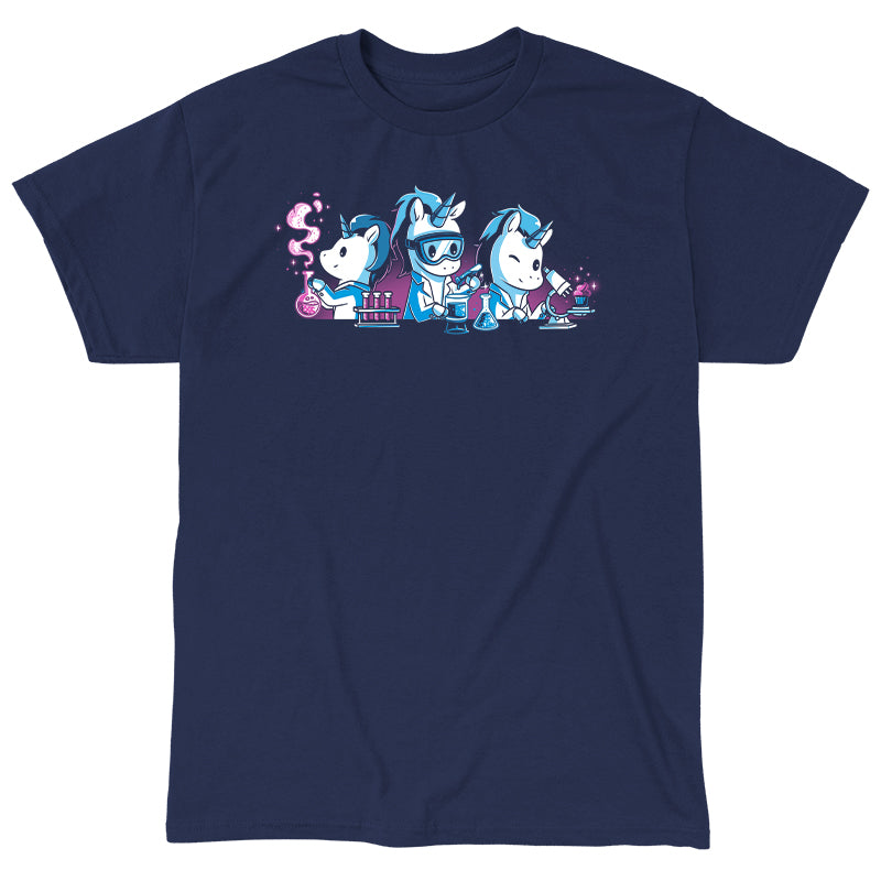 Classic Cotton T-shirt_TeeTurtle Unicorn Scientists navy blue t-shirt featuring three unicorns conducting science experiments with lab equipment with one handling test tubes, another looking into a microscope, and a third pouring chemicals into a flask with vapor.