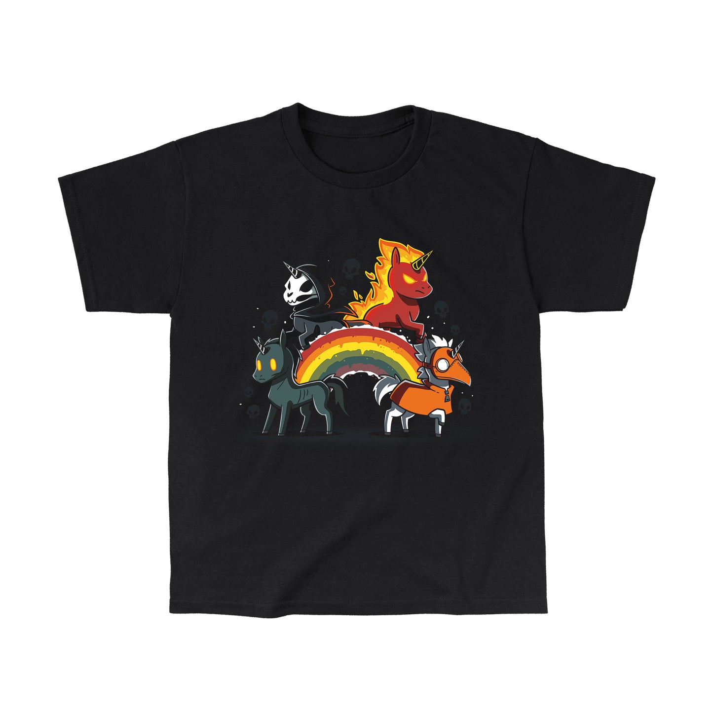 Classic Cotton T-shirt_Four Unicorns of the Apocalypse stand on and around a rainbow. One has a cloak and scythe, another is fiery, the third has glowing eyes, and the fourth wears a plague doctor mask. Skulls are in the background. This haunting scene is beautifully captured on a black ringspun cotton Four Unicorns of the Apocalypse monsterdigital apparel.