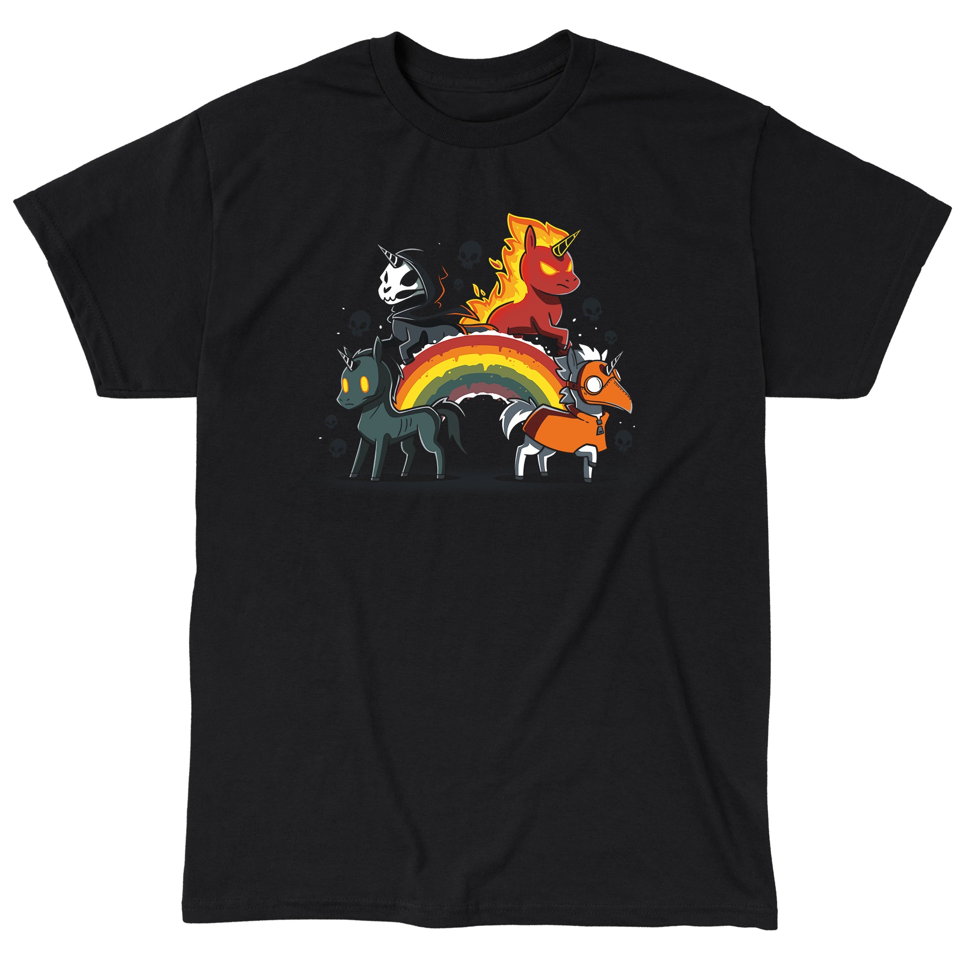 Classic Cotton T-shirt_Four Unicorns of the Apocalypse stand on and around a rainbow. One has a cloak and scythe, another is fiery, the third has glowing eyes, and the fourth wears a plague doctor mask. Skulls are in the background. This haunting scene is beautifully captured on a black ringspun cotton Four Unicorns of the Apocalypse monsterdigital apparel.