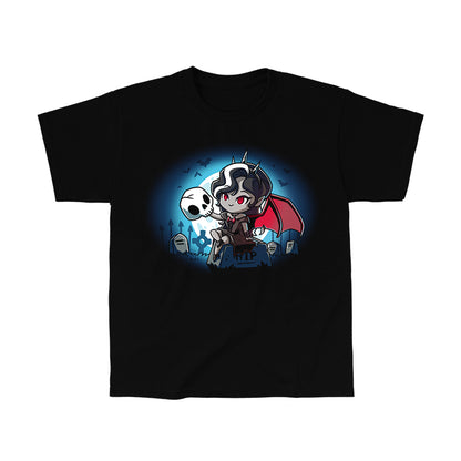 Classic Cotton T-shirt_TeeTurtle Vampire Princess black t-shirt featuring an illustration of a vampire princess with red bat wings and a pointed crown in a graveyard sitting on top of a tombstone that says RIP holding a white skull. The background shows bats flying near a full moon.