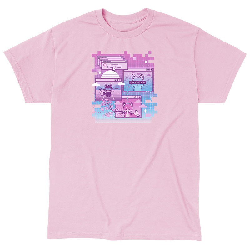 Classic Cotton T-shirt_TeeTurtle Vaporwave Fox light pink t-shirt featuring a video game computer screen of foxes.