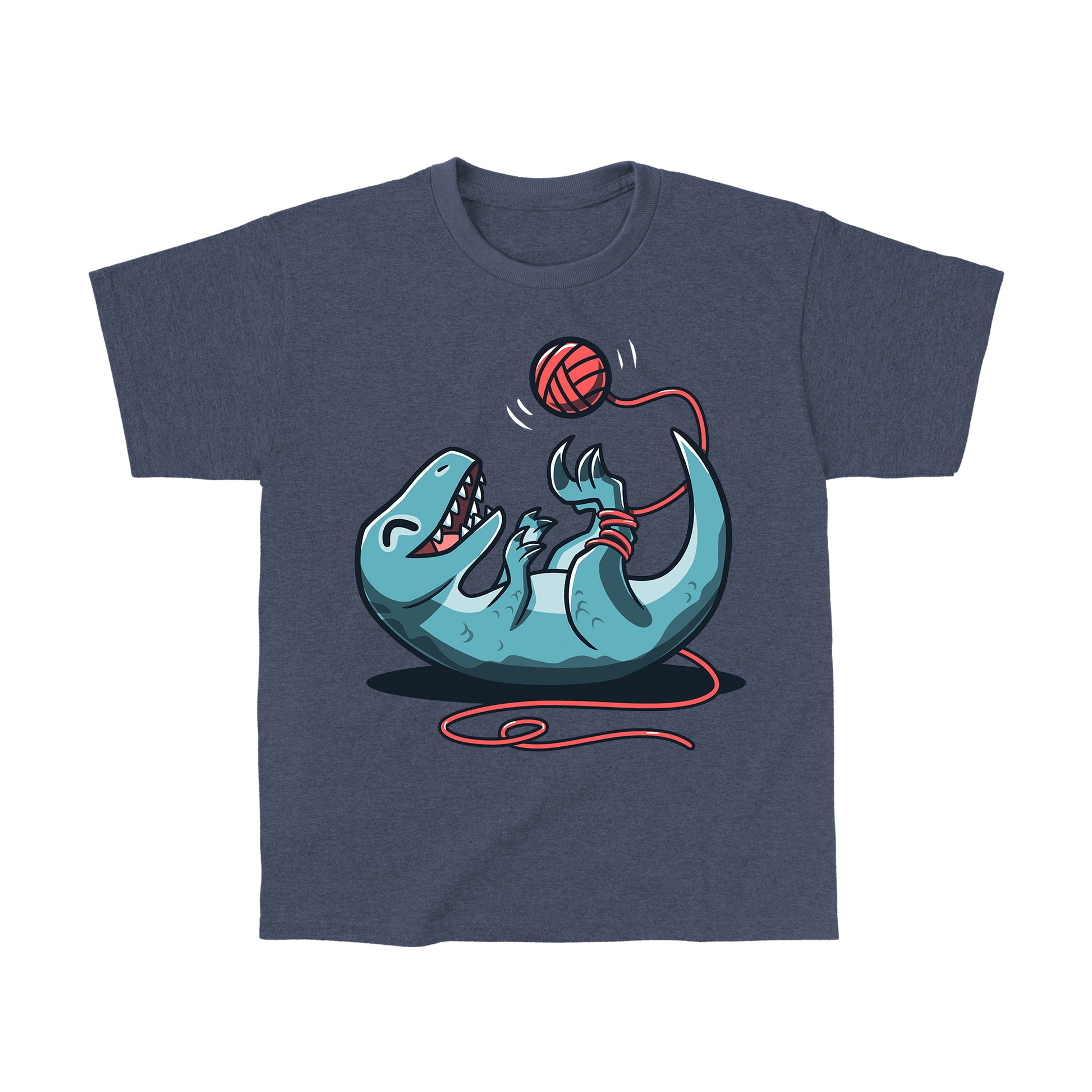 Classic Cotton T-shirt_TeeTurtle Velocikitty Heather Navy t-shirt featuring an illustration of a velociraptor laying on its back, entangled in red yarn, playing happily with a ball of yarn above it in the air.