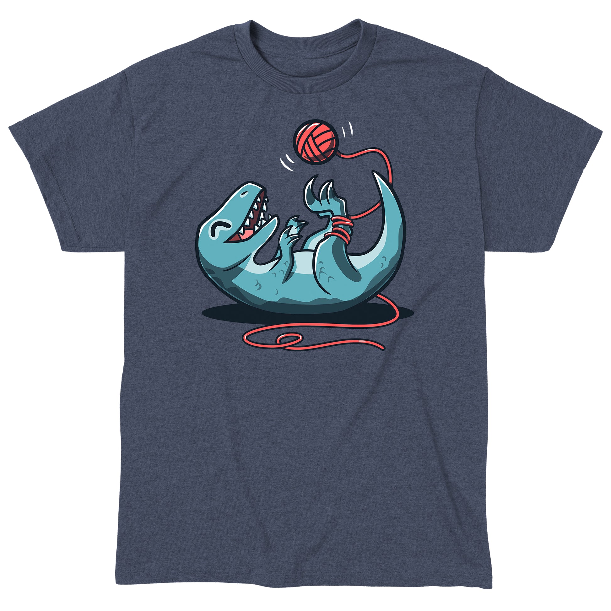 Classic Cotton T-shirt_TeeTurtle Velocikitty Heather Navy t-shirt featuring an illustration of a velociraptor laying on its back, entangled in red yarn, playing happily with a ball of yarn above it in the air.